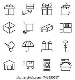 thin line icon set : gift, shopping bag, box, cargo stoller, warehouse, consolidated, trolley, dry, top sign, do not hook, fast deliver, pasta, washing powder