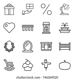 thin line icon set : gift, percent, table lamp, heart, bridge, building, fountain, hawaiian wreath, mirror, wardrobe, crib, rocking chair, cupcake, scarecrow, pumpkin