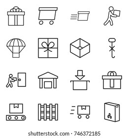 thin line icon set : gift, delivery, courier, parachute, box, do not hook sign, warehouse, package, hi quality, transporter tape, pallet, fast deliver, cereals