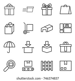 thin line icon set : gift, delivery, shopping bag, cargo stoller, warehouse, consolidated, dry, package, hi quality, search, transporter tape, pallet