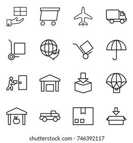 thin line icon set : gift, delivery, plane, cargo stoller, trolley, dry, courier, warehouse, package, parachute, pickup