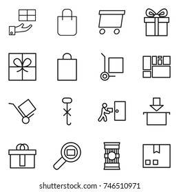 thin line icon set : gift, shopping bag, delivery, cargo stoller, consolidated, trolley, do not hook sign, courier, package, hi quality, search, pasta