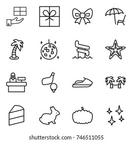 thin line icon set : gift, bow, lounger, palm, disco ball, aquapark, starfish, reception, golf, jet ski, hammock, cake, rabbit, pumpkin, shining