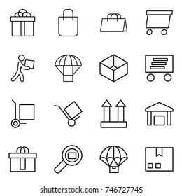 thin line icon set : gift, shopping bag, delivery, courier, parachute, box, cargo stoller, trolley, top sign, warehouse, hi quality package, search