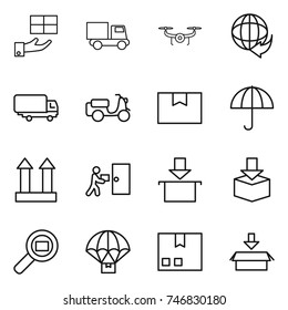 thin line icon set : gift, truck, drone, delivery, shipping, scooter, package box, dry cargo, top sign, courier, search, parachute