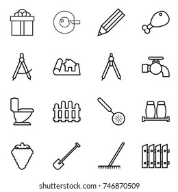 thin line icon set : gift, cell corection, pencil, chicken leg, draw compass, project, drawing compasses, water tap, toilet, fence, skimmer, salt pepper, berry, shovel, rake