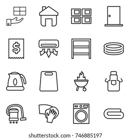 thin line icon set : gift, home, panel house, door, tax, air conditioning, rack, inflatable pool, kettle, cutting board, bbq, apron, vacuum cleaner, wiping, washing machine, towel