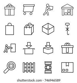 thin line icon set : gift, delivery, courier, warehouse, shopping bag, box, do not hook sign, package, hi quality, cargo search, pallet, pasta