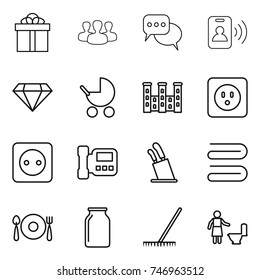 thin line icon set : gift, group, discussion, pass card, diamond, baby stroller, palace, power socket, intercome, stands for knives, towel, fork spoon plate, bank, rake, toilet cleaning