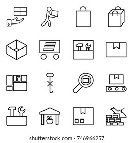 thin line icon set : gift, courier, shopping bag, box, delivery, tools, package, consolidated cargo, do not hook sign, search, transporter tape, repair, warehouse, construct garbage