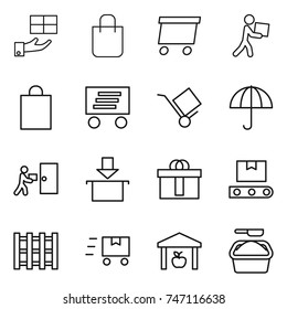 thin line icon set : gift, shopping bag, delivery, courier, trolley, dry cargo, package, hi quality, transporter tape, pallet, fast deliver, warehouse, washing powder