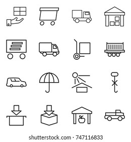 thin line icon set : gift, delivery, truck, warehouse, cargo stoller, shipping, car, dry, sun potection, do not hook sign, package, pickup