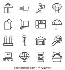 thin line icon set : gift, delivery, courier, parachute, shopping bag, cargo stoller, consolidated, dry, top sign, do not hook, warehouse, search, transporter tape, pasta, washing powder
