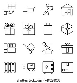 thin line icon set : gift, delivery, courier, warehouse, shopping bag, box, consolidated cargo, trolley, sun potection, hi quality package, pallet, fast deliver, safe