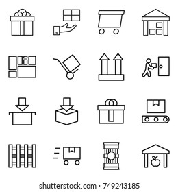 thin line icon set : gift, delivery, warehouse, consolidated cargo, trolley, top sign, courier, package, hi quality, transporter tape, pallet, fast deliver, pasta