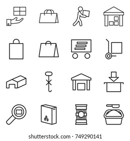 thin line icon set : gift, shopping bag, courier, warehouse, delivery, cargo stoller, do not hook sign, package, search, cereals, pasta, washing powder
