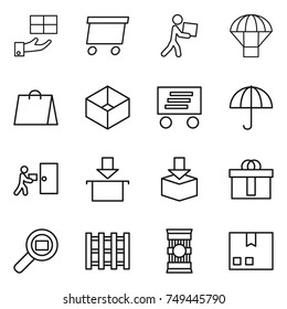 thin line icon set : gift, delivery, courier, parachute, shopping bag, box, dry cargo, package, hi quality, search, pallet, pasta