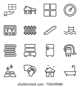 thin line icon set : gift, house with garage, window, barometer, tv, radiator, stairs, pool, towels, double boiler, fridge, vacuum cleaner, clean floor, wiping, cleaning, bath