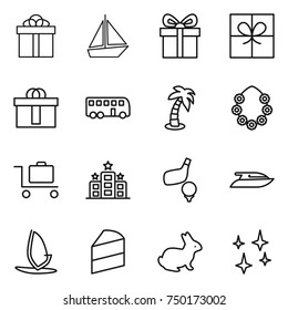 thin line icon set : gift, boat, hi quality package, bus, palm, hawaiian wreath, baggage trolley, hotel, golf, yacht, windsurfing, cake, rabbit, shining