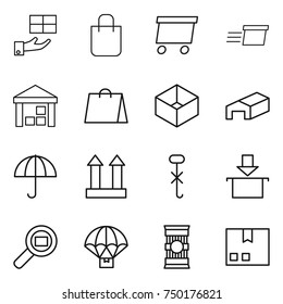 thin line icon set : gift, shopping bag, delivery, warehouse, box, dry cargo, top sign, do not hook, package, search, parachute, pasta