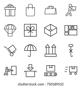 thin line icon set : gift, shopping bag, courier, parachute, box, consolidated cargo, trolley, dry, top sign, do not hook, delivery, package, transporter tape, fast deliver