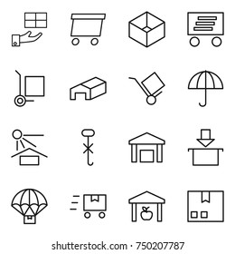 thin line icon set : gift, delivery, box, cargo stoller, warehouse, trolley, dry, sun potection, do not hook sign, package, parachute, fast deliver