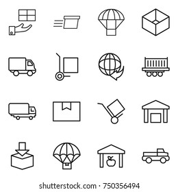 thin line icon set : gift, delivery, parachute, box, cargo stoller, truck shipping, package, trolley, warehouse, pickup