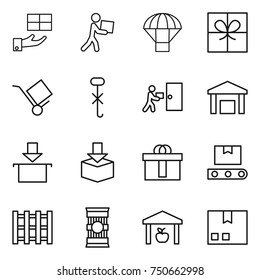 thin line icon set : gift, courier, parachute, trolley, do not hook sign, delivery, warehouse, package, hi quality, transporter tape, pallet, pasta