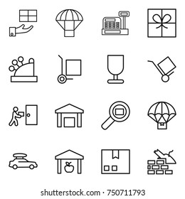 thin line icon set : gift, parachute, cashbox, cargo stoller, fragile, trolley, courier delivery, warehouse, search, car baggage, package, construct garbage