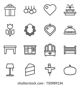 thin line icon set : gift, sale, heart, fountain, perishable, hawaiian wreath, pendant, service bell, table, wardrobe, dresser, crib, floor lamp, cake, scarecrow, pumpkin