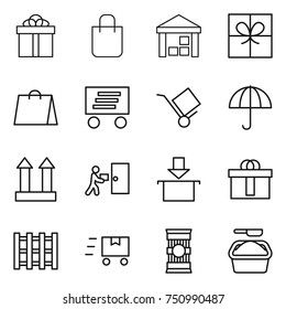 thin line icon set : gift, shopping bag, warehouse, delivery, trolley, dry cargo, top sign, courier, package, hi quality, pallet, fast deliver, pasta, washing powder