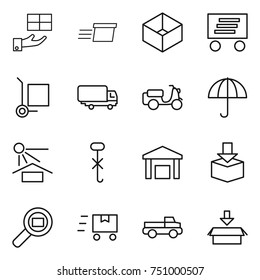 thin line icon set : gift, delivery, box, cargo stoller, shipping, scooter, dry, sun potection, do not hook sign, warehouse, package, search, fast deliver, pickup