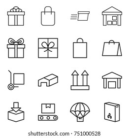 thin line icon set : gift, shopping bag, delivery, warehouse, cargo stoller, top sign, package, transporter tape, parachute, cereals