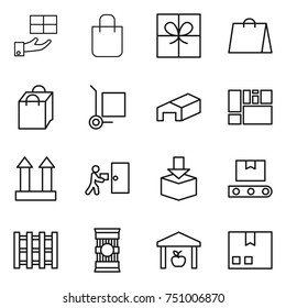 thin line icon set : gift, shopping bag, cargo stoller, warehouse, consolidated, top sign, courier delivery, package, transporter tape, pallet, pasta