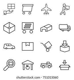 thin line icon set : gift, delivery, plane, courier, box, warehouse, shipping, car, package, trolley, cargo search, pickup