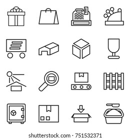 thin line icon set : gift, shopping bag, cashbox, delivery, warehouse, 3d, fragile, sun potection, cargo search, transporter tape, pallet, safe, package, washing powder