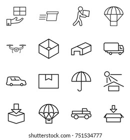 thin line icon set : gift, delivery, courier, parachute, drone, box, warehouse, shipping, car, package, dry cargo, sun potection, pickup