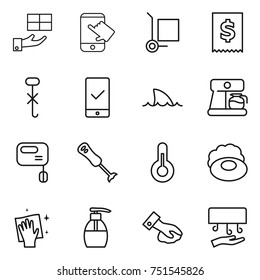 thin line icon set : gift, touch, cargo stoller, tax, do not hook sign, mobile checking, shark flipper, coffee maker, mixer, blender, thermometer, soap, wiping, liquid, hand dryer