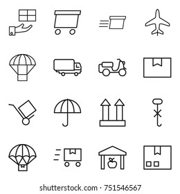 thin line icon set : gift, delivery, plane, parachute, shipping, scooter, package box, trolley, dry cargo, top sign, do not hook, fast deliver, warehouse