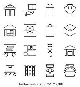 thin line icon set : gift, shopping bag, parachute, warehouse, box, delivery, consolidated cargo, do not hook sign, transporter tape, pallet, pasta, washing powder