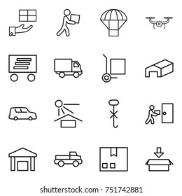 thin line icon set : gift, courier, parachute, drone, delivery, cargo stoller, warehouse, car shipping, sun potection, do not hook sign, pickup, package