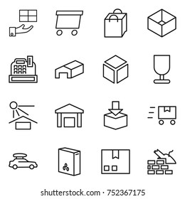 thin line icon set : gift, delivery, shopping bag, box, cashbox, warehouse, 3d, fragile, sun potection, package, fast deliver, car baggage, cereals, construct garbage