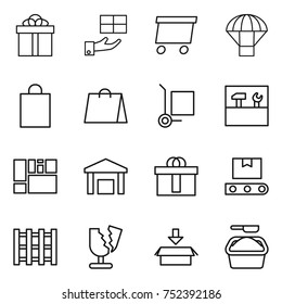thin line icon set : gift, delivery, parachute, shopping bag, cargo stoller, tools, consolidated, warehouse, hi quality package, transporter tape, pallet, broken, washing powder