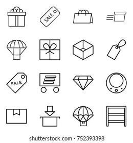 thin line icon set : gift, sale, shopping bag, delivery, parachute, box, label, diamond, necklace, package, rack