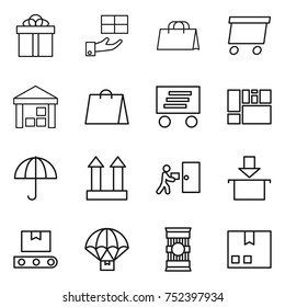 thin line icon set : gift, shopping bag, delivery, warehouse, consolidated cargo, dry, top sign, courier, package, transporter tape, parachute, pasta