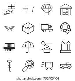 thin line icon set : gift, delivery, parachute, warehouse, drone, box, truck shipping, dry cargo, sun potection, top sign, do not hook, search, fast deliver, pickup