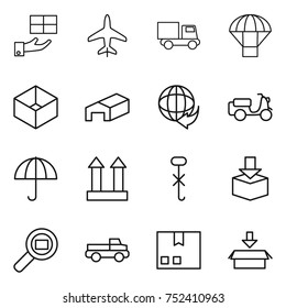 thin line icon set : gift, plane, truck, parachute, box, warehouse, delivery, scooter shipping, dry cargo, top sign, do not hook, package, search, pickup