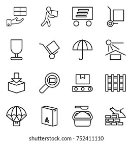 thin line icon set : gift, courier, delivery, cargo stoller, fragile, trolley, dry, sun potection, package, search, transporter tape, pallet, parachute, cereals, washing powder, construct garbage