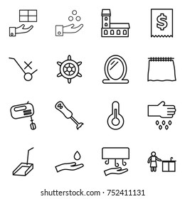 thin line icon set : gift, chemical industry, mansion, tax, do not trolley sign, handwheel, mirror, curtain, mixer, blender, thermometer, sow, scoop, hand and drop, dryer, kitchen cleaning