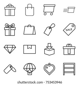 thin line icon set : gift, shopping bag, delivery, label, sale, diamond, package box, hi quality, parachute, heart pendant, rack